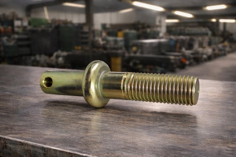 Brass bolt with threaded shaft and hole, displayed on metallic surface in industrial workshop setting
