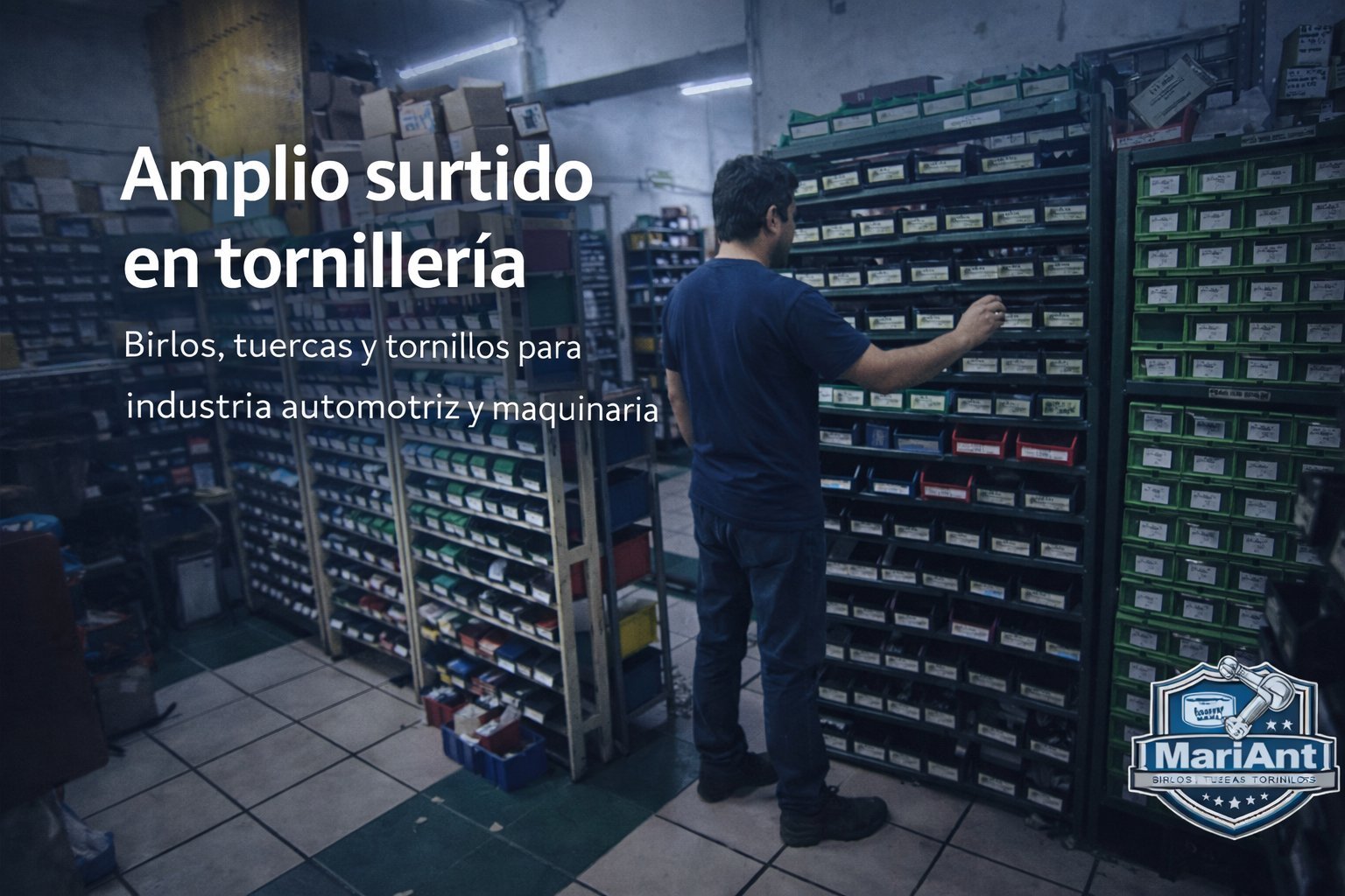 Worker organizing hardware parts in industrial storage cabinet for automotive and machinery supplies