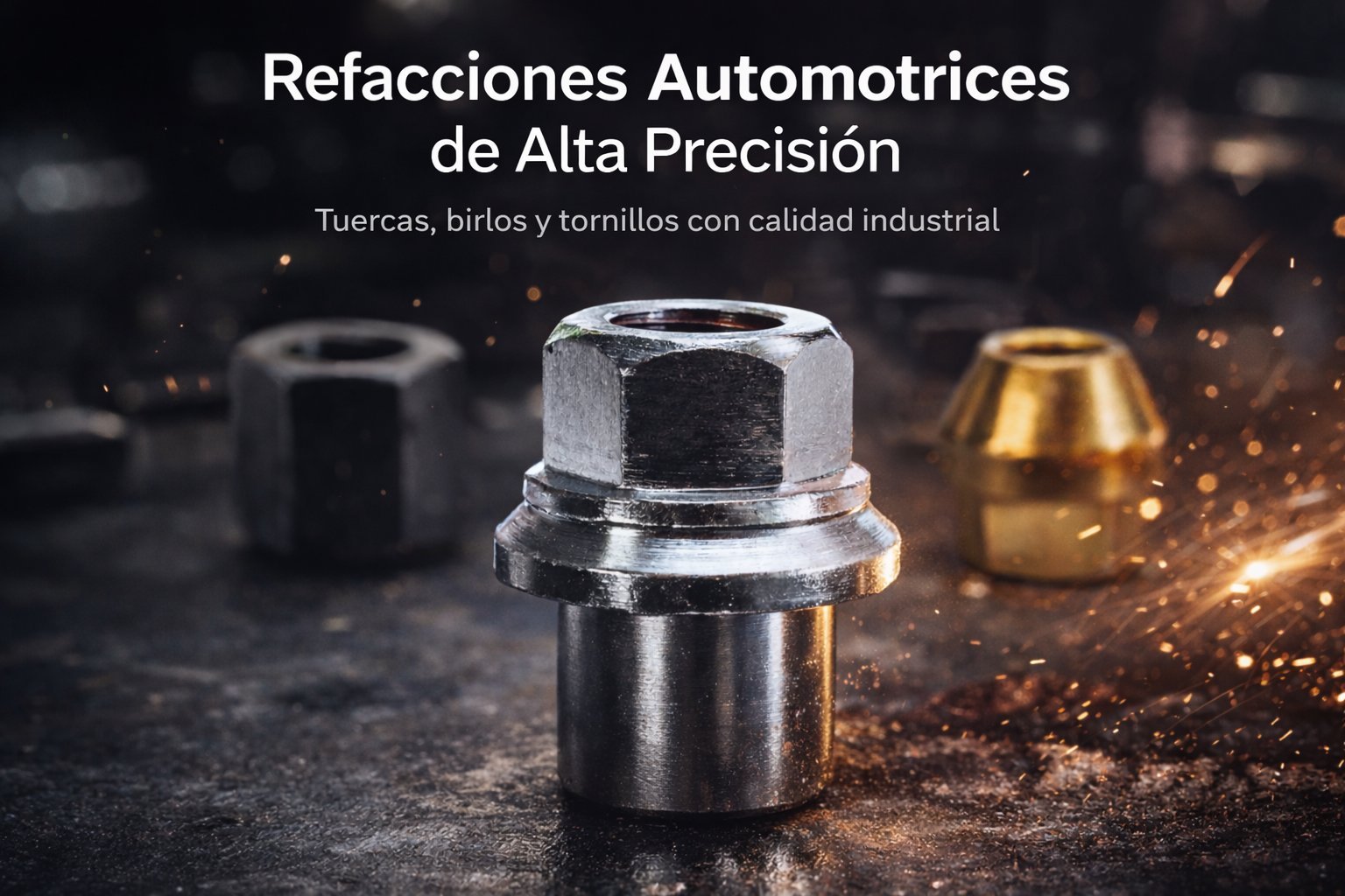 Industrial metal automotive fasteners displayed with Spanish text about high-precision threaded nuts and screws