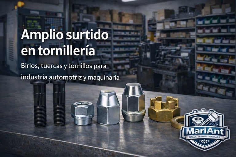 MariAnt hardware store display showing various bolts, nuts, and fasteners with logo, industrial warehouse shelves background