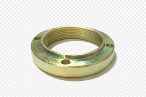 Brass threaded locknut with ridged interior and mounting hole on transparent background