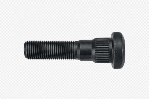Black metal wheel stud bolt with threaded shaft and knurled collar on transparent background