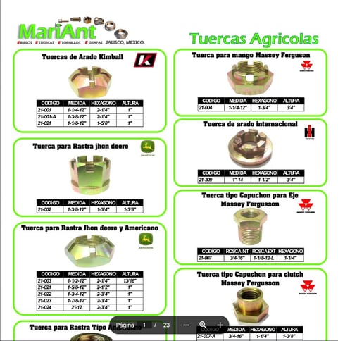 MarÍAndal catalog page displaying agricultural gears and sprockets with product codes, measurements, and specifications