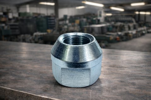 Close-up of a shiny silver metal hex nut on a work surface with industrial machinery blurred in the background