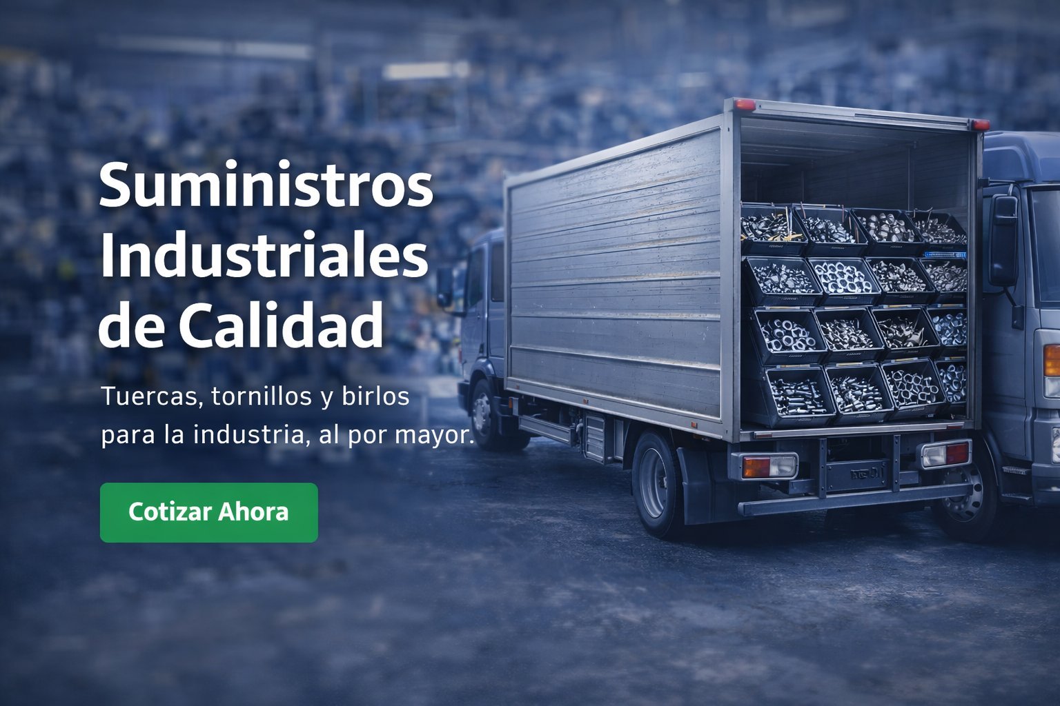 Industrial supply truck with text promoting quality industrial supplies in Spanish, showing delivery vehicle loaded with parts and materials