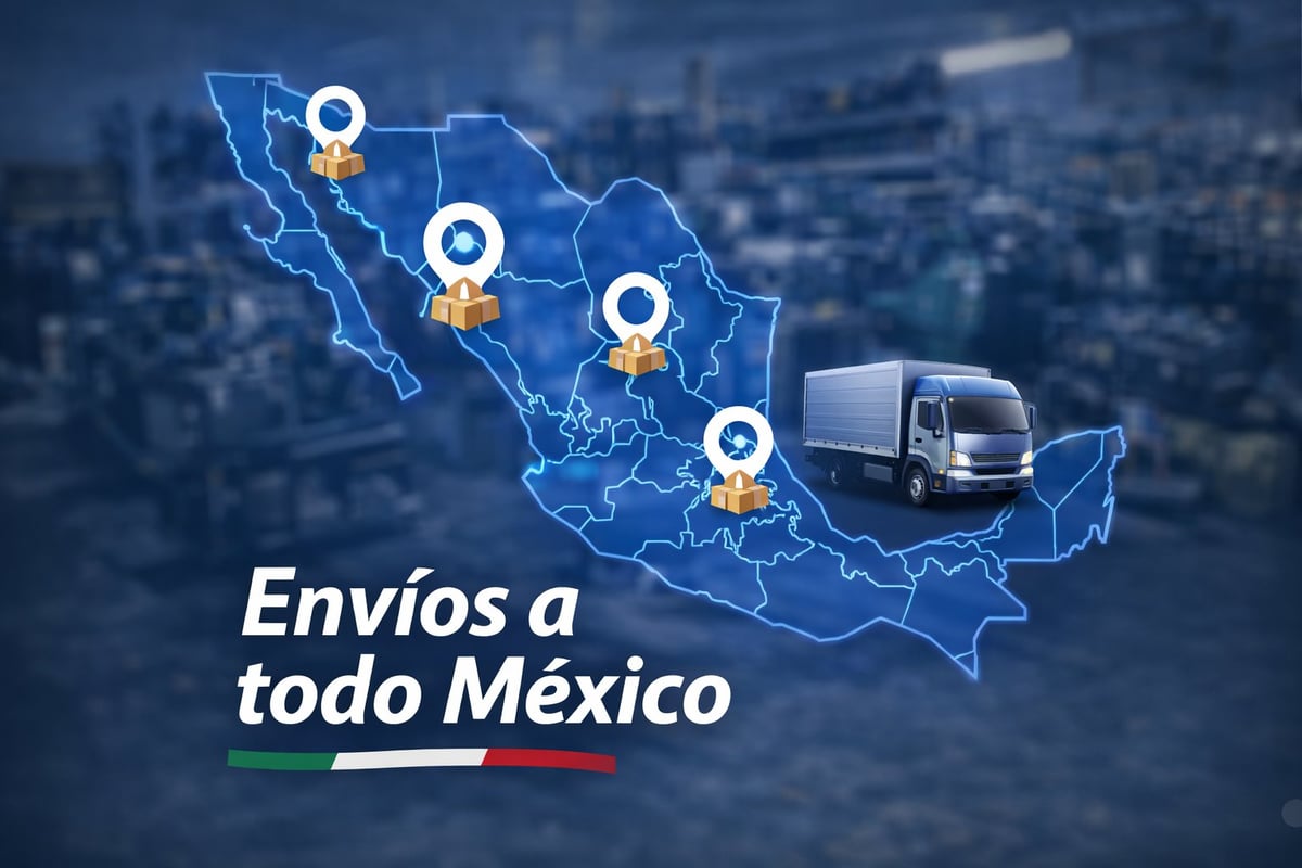 Map of Mexico with delivery location pins and a delivery truck, promoting nationwide shipping services with Mexican flag colors