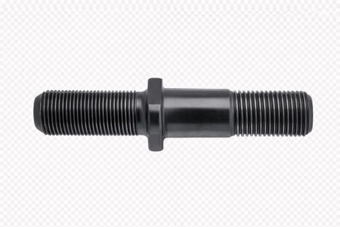 Black metal stud bolt with fine threading on both ends and smooth cylindrical center, isolated on white background