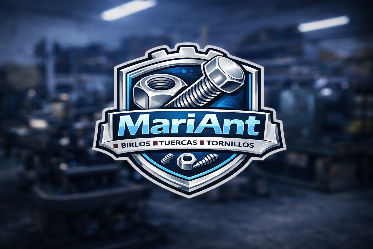MariAnt logo featuring a bolt and wrench on a shield badge with blurred cityscape background