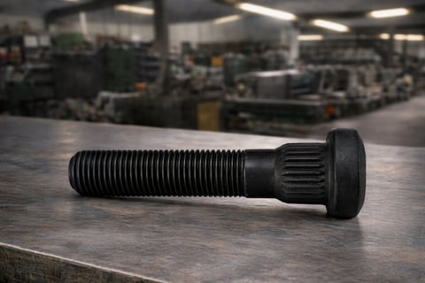 Black metal threaded bolt with hexagonal head on a workbench in an industrial factory setting