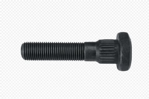 Black threaded bolt with knurled head and cylindrical shaft on white background