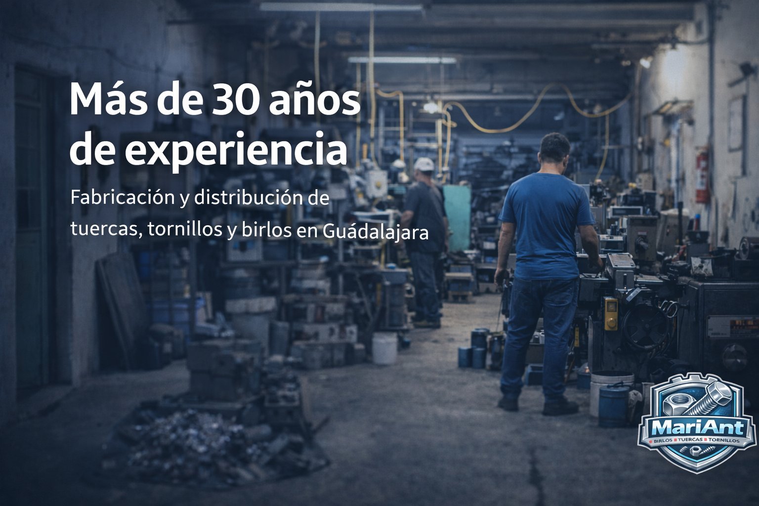 Industrial factory floor in Guadalajara with workers in blue uniforms, text stating over 30 years of experience in manufacturing bolts, screws and drills
