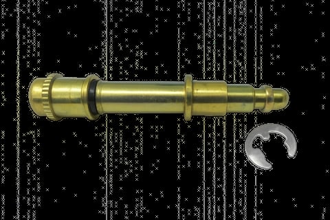 Brass cylindrical mechanical part with geared end and wrench symbol on black digital background