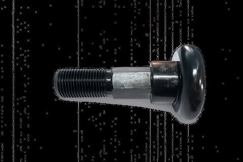 Metal bolt or fastener with threaded shaft and circular flange head against black background with texture pattern