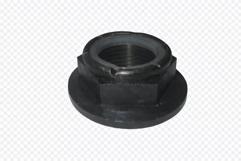 Black nylon lock nut with threaded center hole, isolated on transparent background
