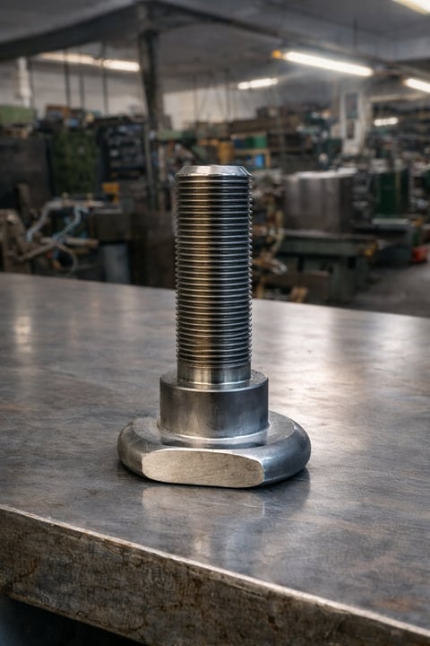 Metal bolt with threaded shaft and hexagonal nut on industrial workbench