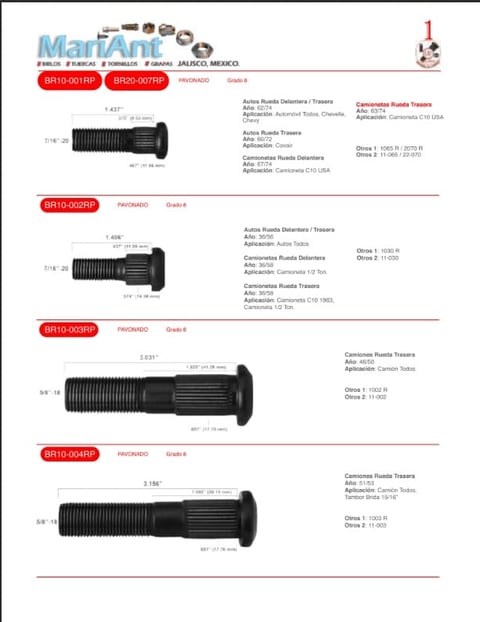 Catalog page showing four industrial bolts with specifications, part numbers SR10-001RP through SR10-004RP, and technical details from Mauricio Mexico